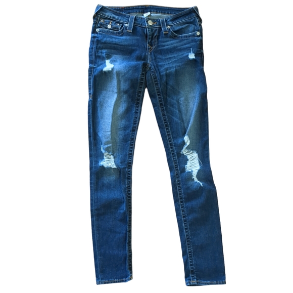 TRUE RELIGION Medium Wash Distressed Skinny Jeans - Picture 1 of 5